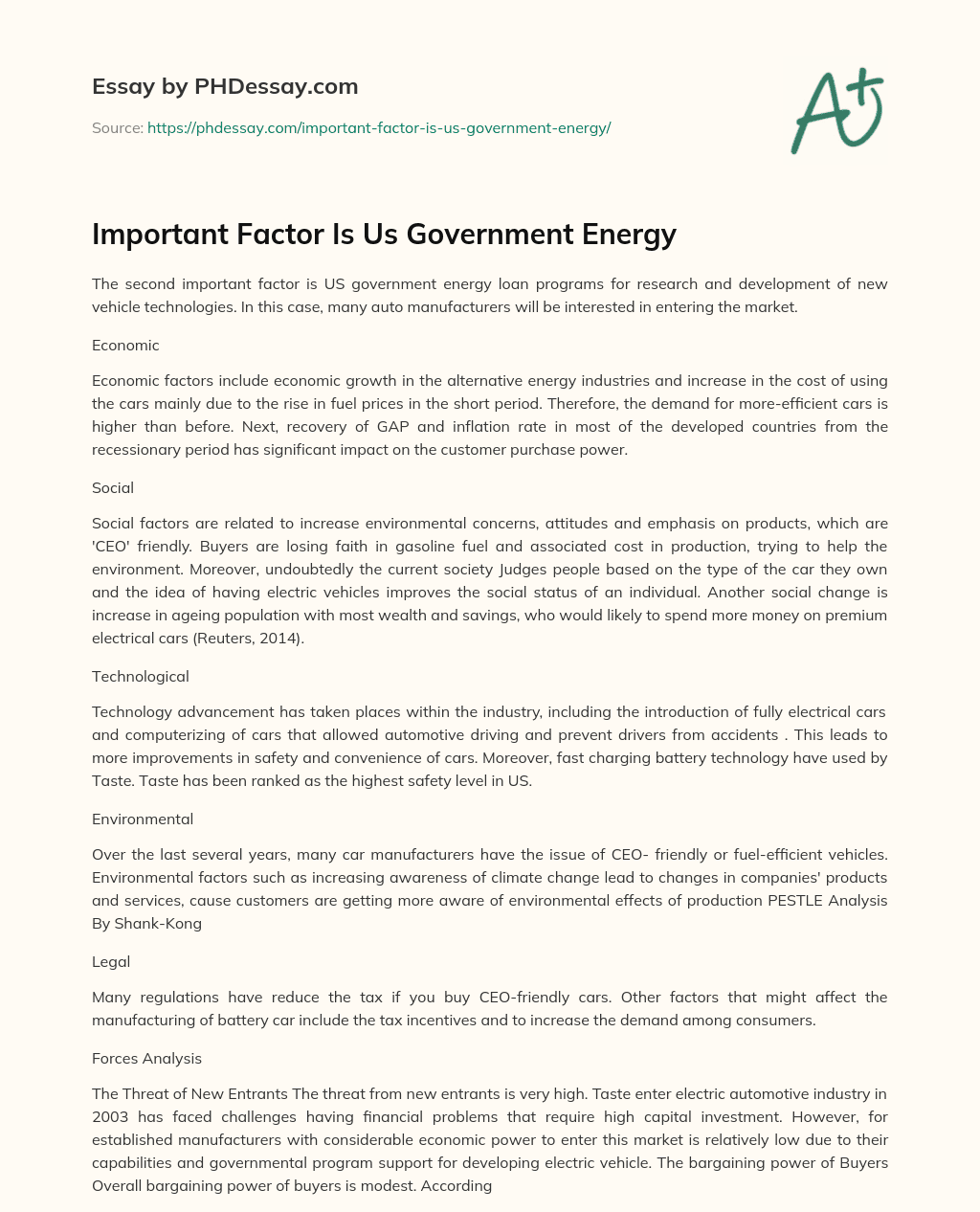 Important Factor Is Us Government Energy essay