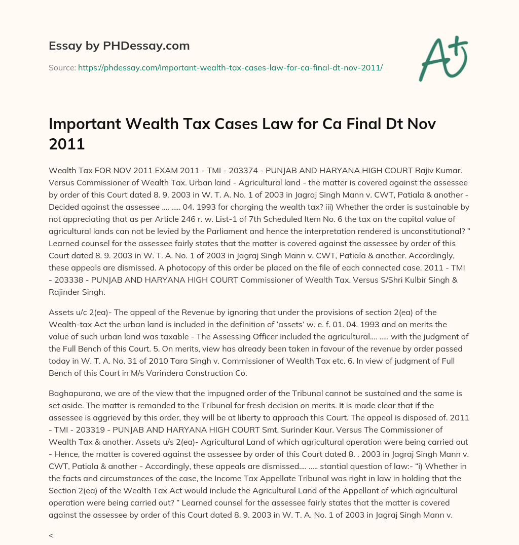 Important Wealth Tax Cases Law for Ca Final Dt Nov 2011 essay