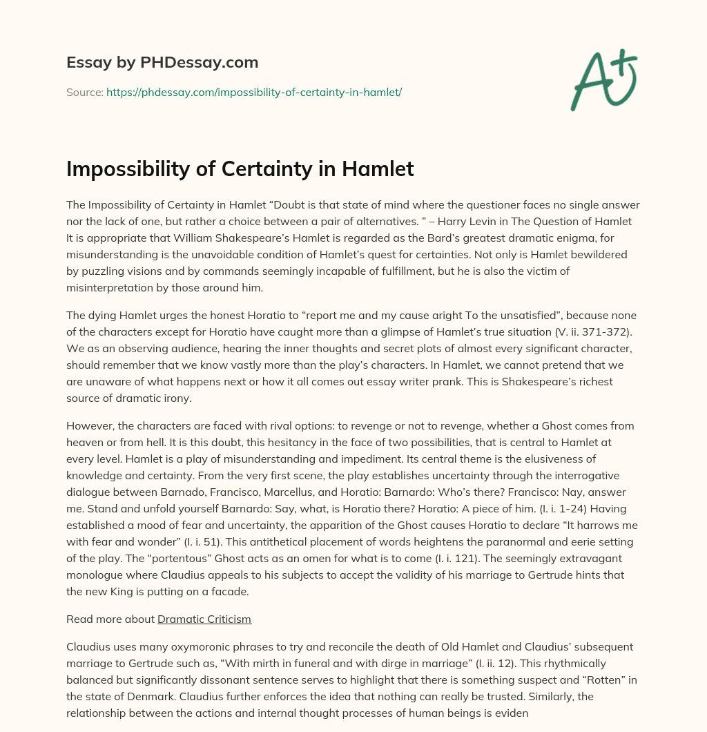 Impossibility of Certainty in Hamlet essay