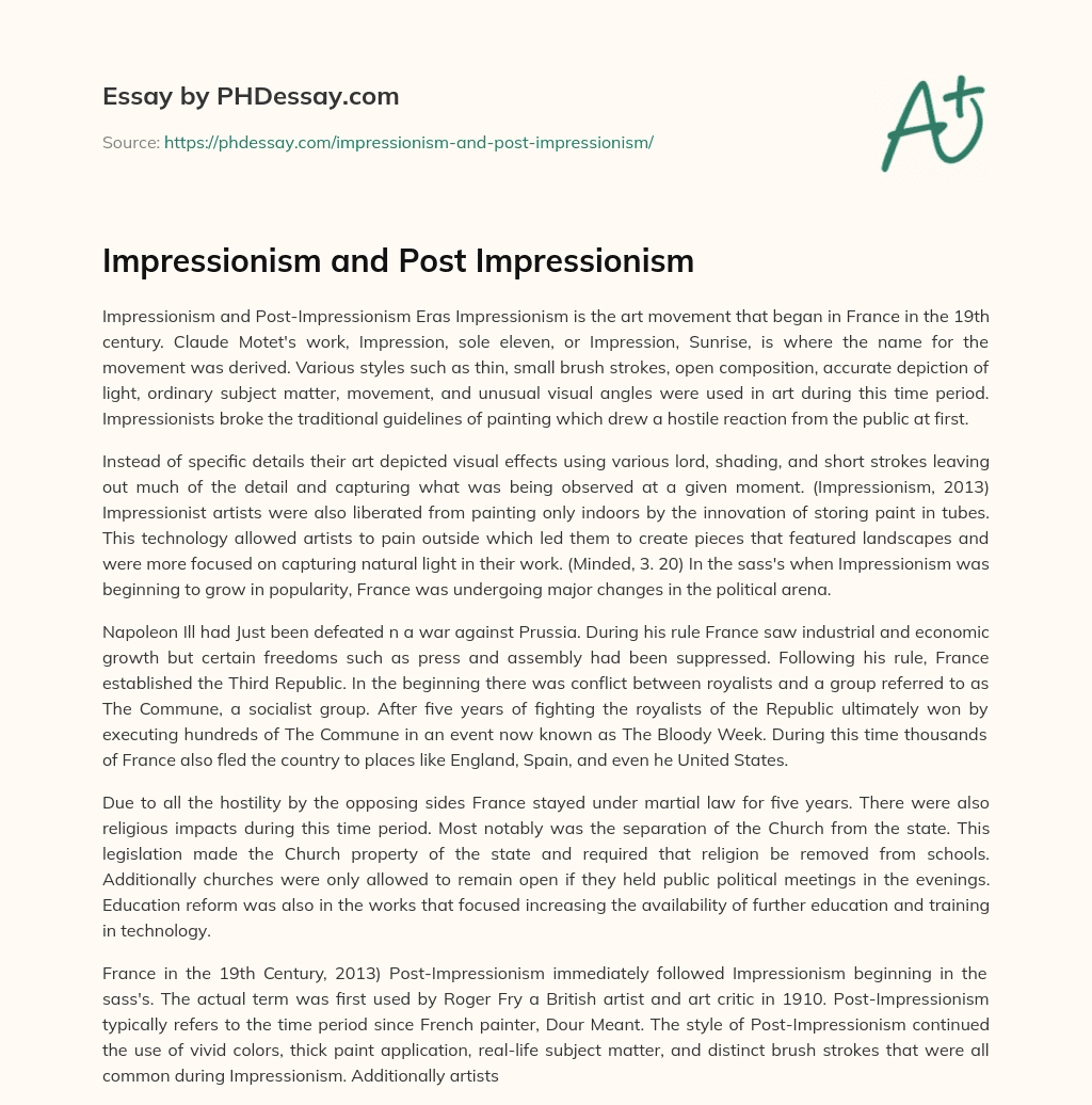 Impressionism and Post Impressionism essay