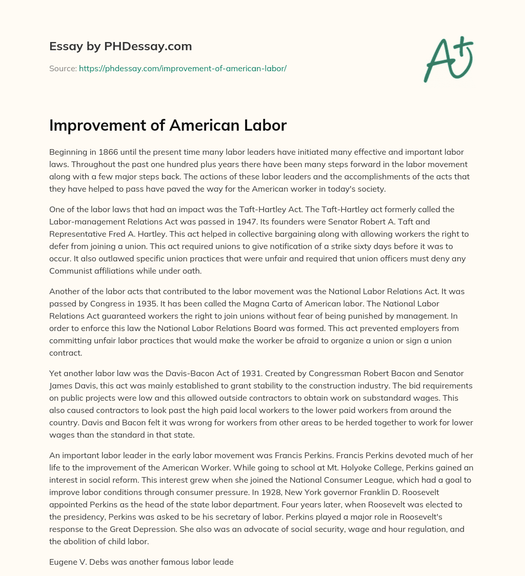 Improvement of American Labor essay