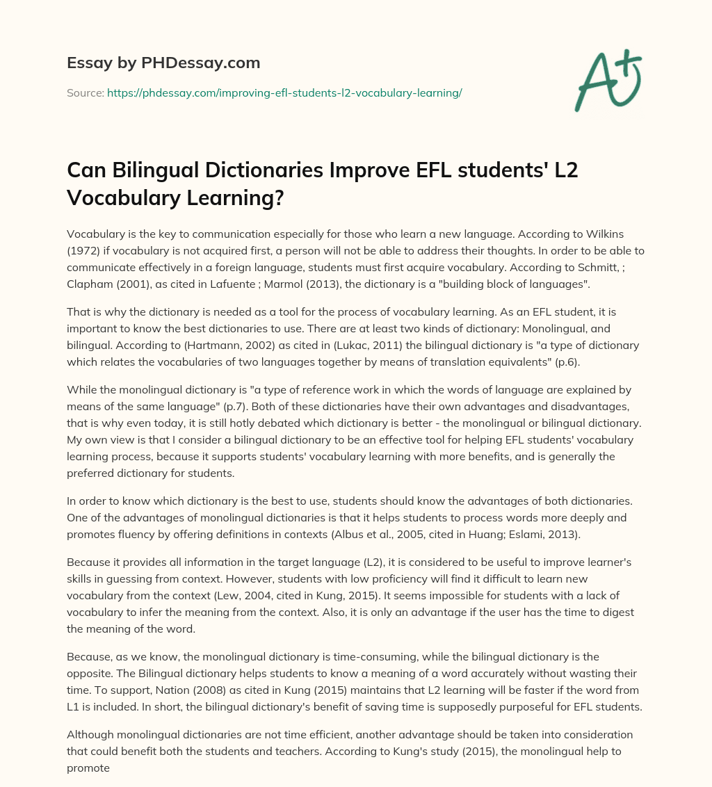 Can Bilingual Dictionaries Improve EFL students’ L2 Vocabulary Learning? essay