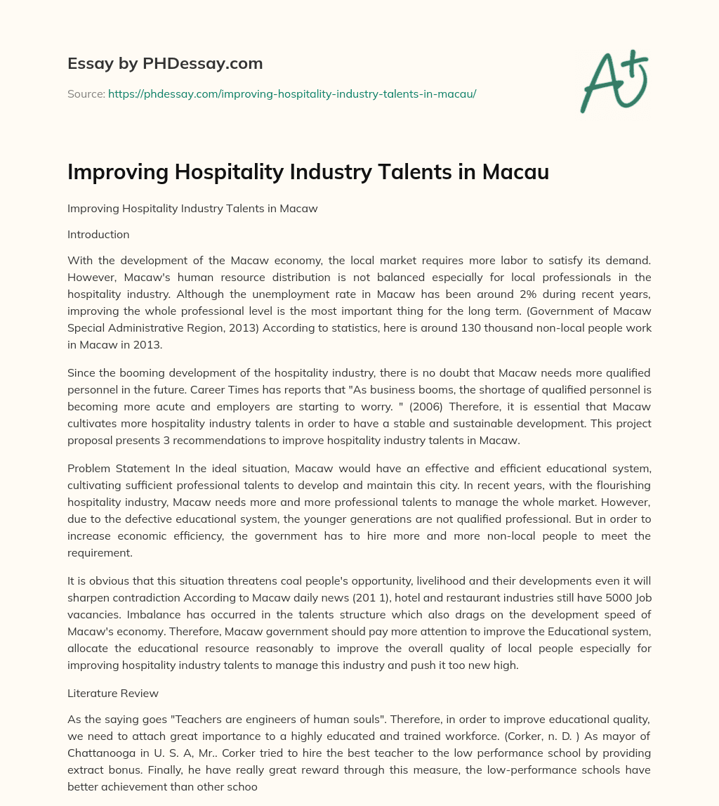 Improving Hospitality Industry Talents in Macau essay