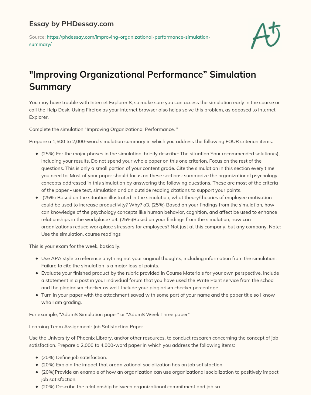 “Improving Organizational Performance” Simulation Summary essay
