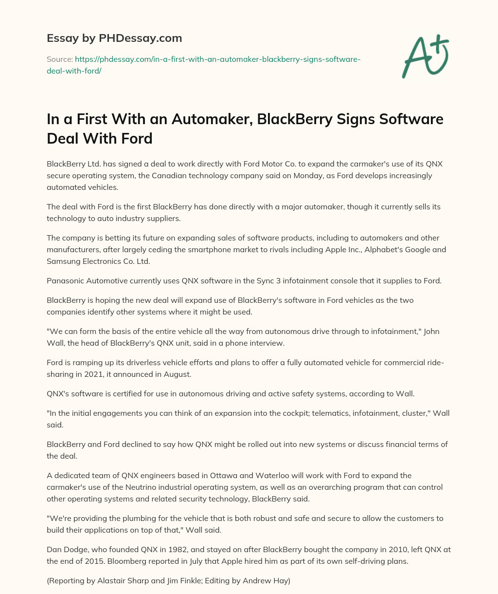 In a First With an Automaker, BlackBerry Signs Software Deal With Ford essay