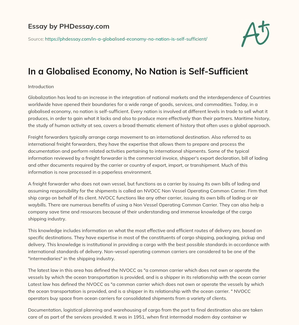 In a Globalised Economy, No Nation is Self-Sufficient essay