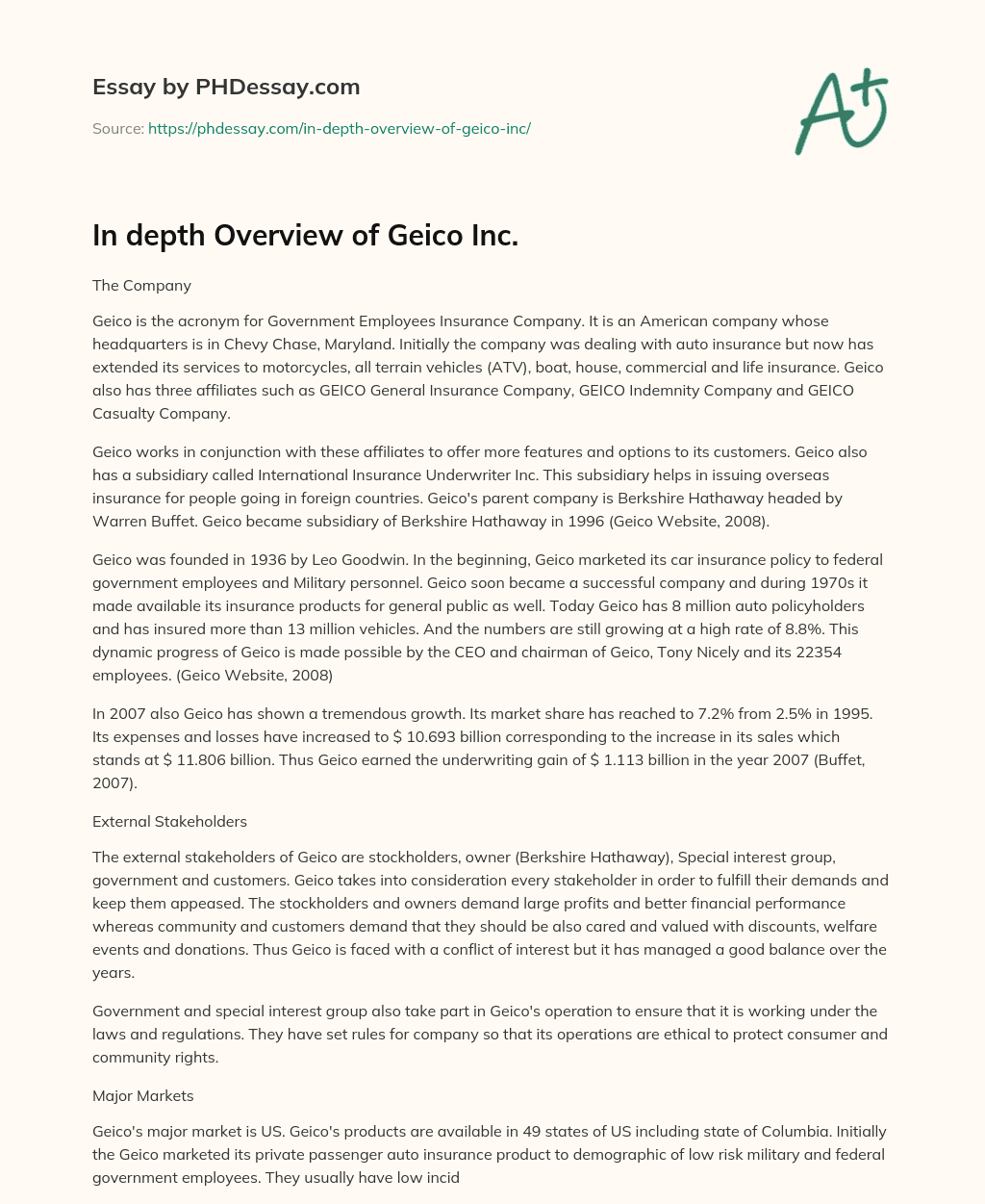 In depth Overview of Geico Inc. essay