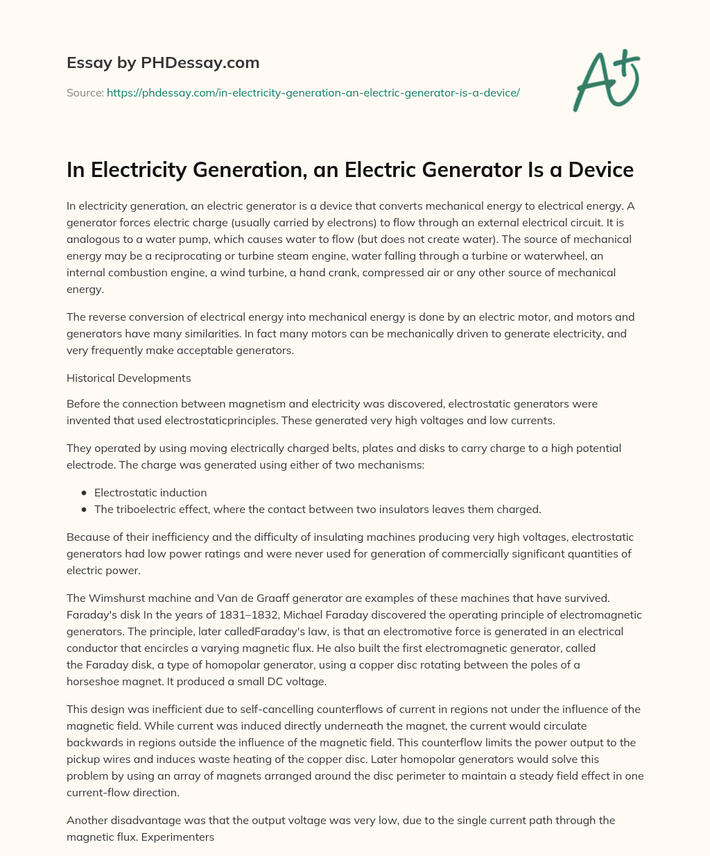 In Electricity Generation, an Electric Generator Is a Device essay