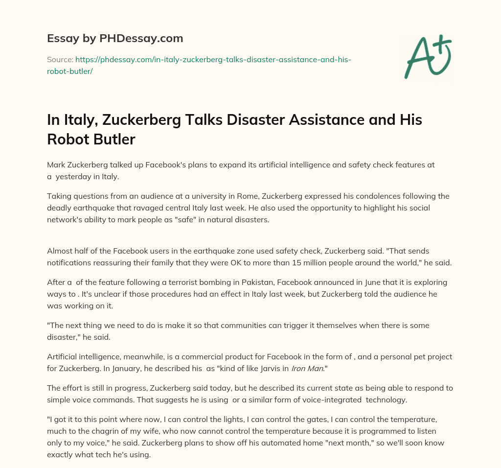 In Italy, Zuckerberg Talks Disaster Assistance and His Robot Butler essay