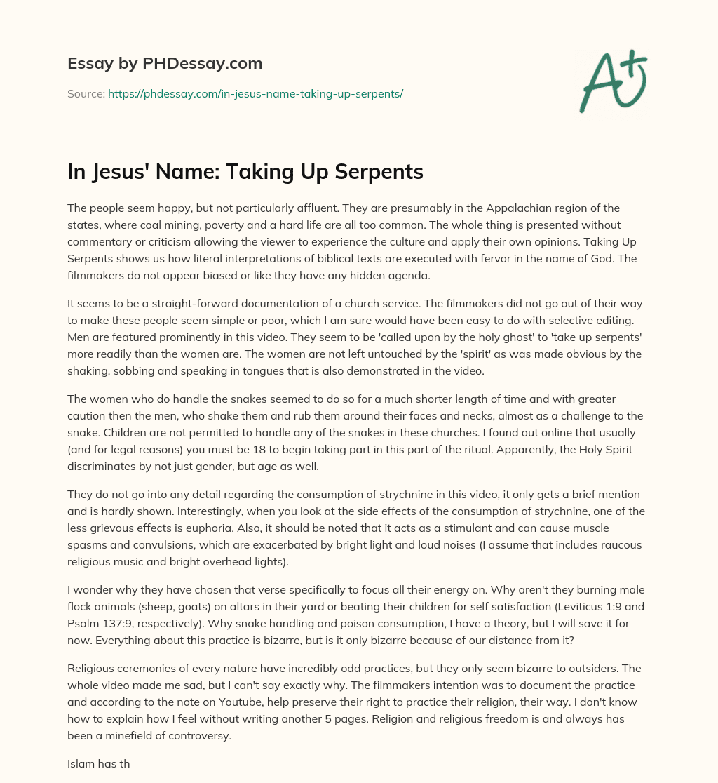 In Jesus’ Name: Taking Up Serpents essay