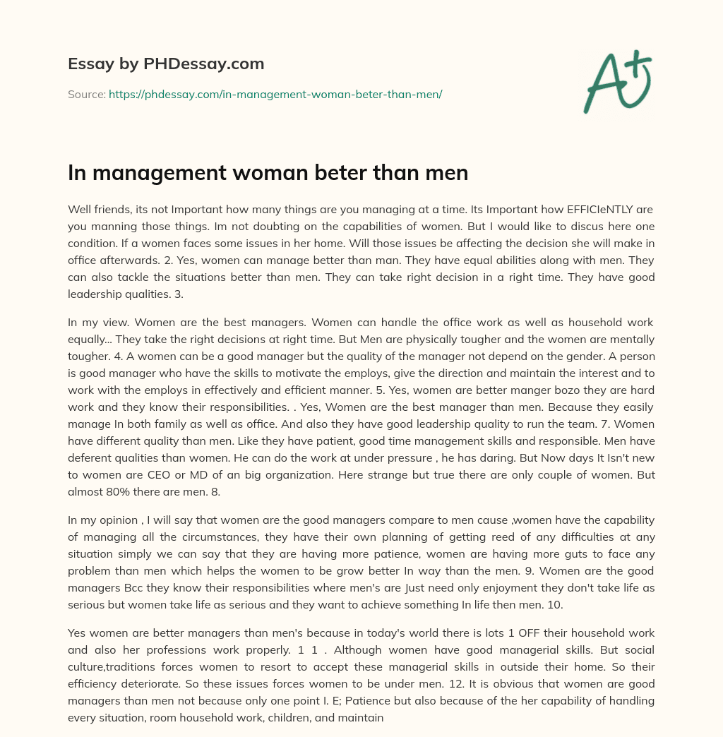 In management woman beter than men essay