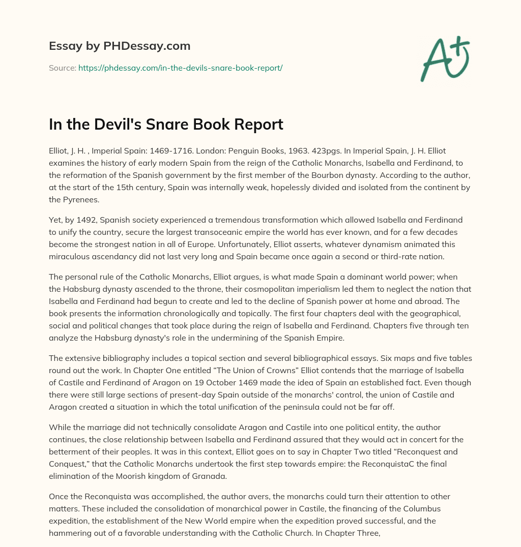 In the Devil’s Snare Book Report essay