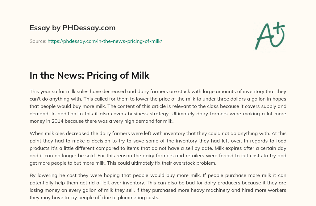 In the News: Pricing of Milk essay