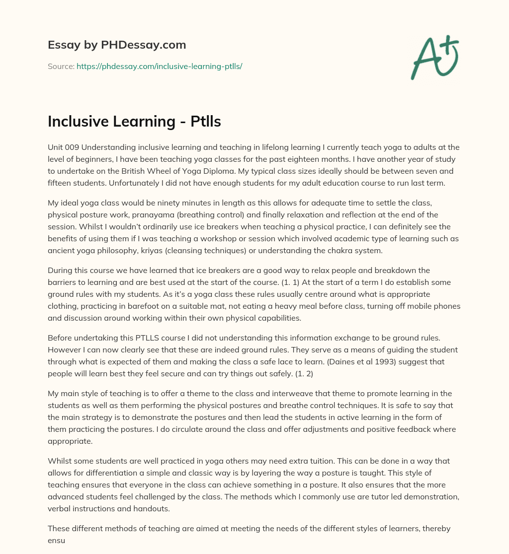 Inclusive Learning – Ptlls essay