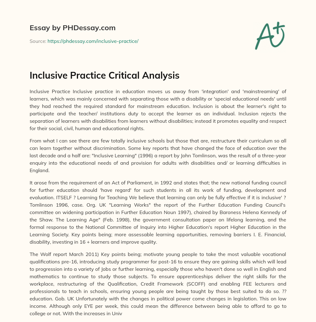 Inclusive Practice Critical Analysis essay