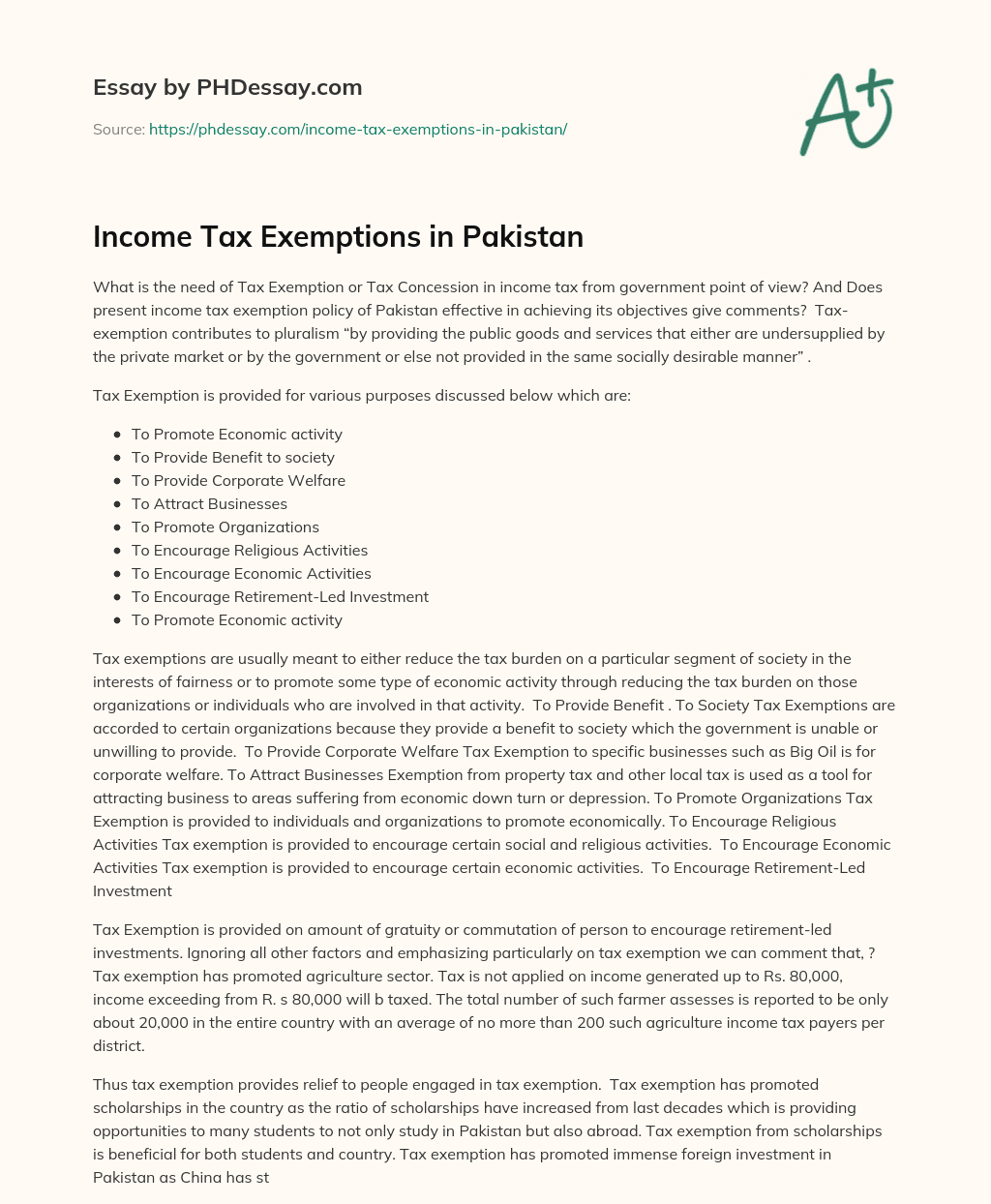 Income Tax Exemptions in Pakistan essay