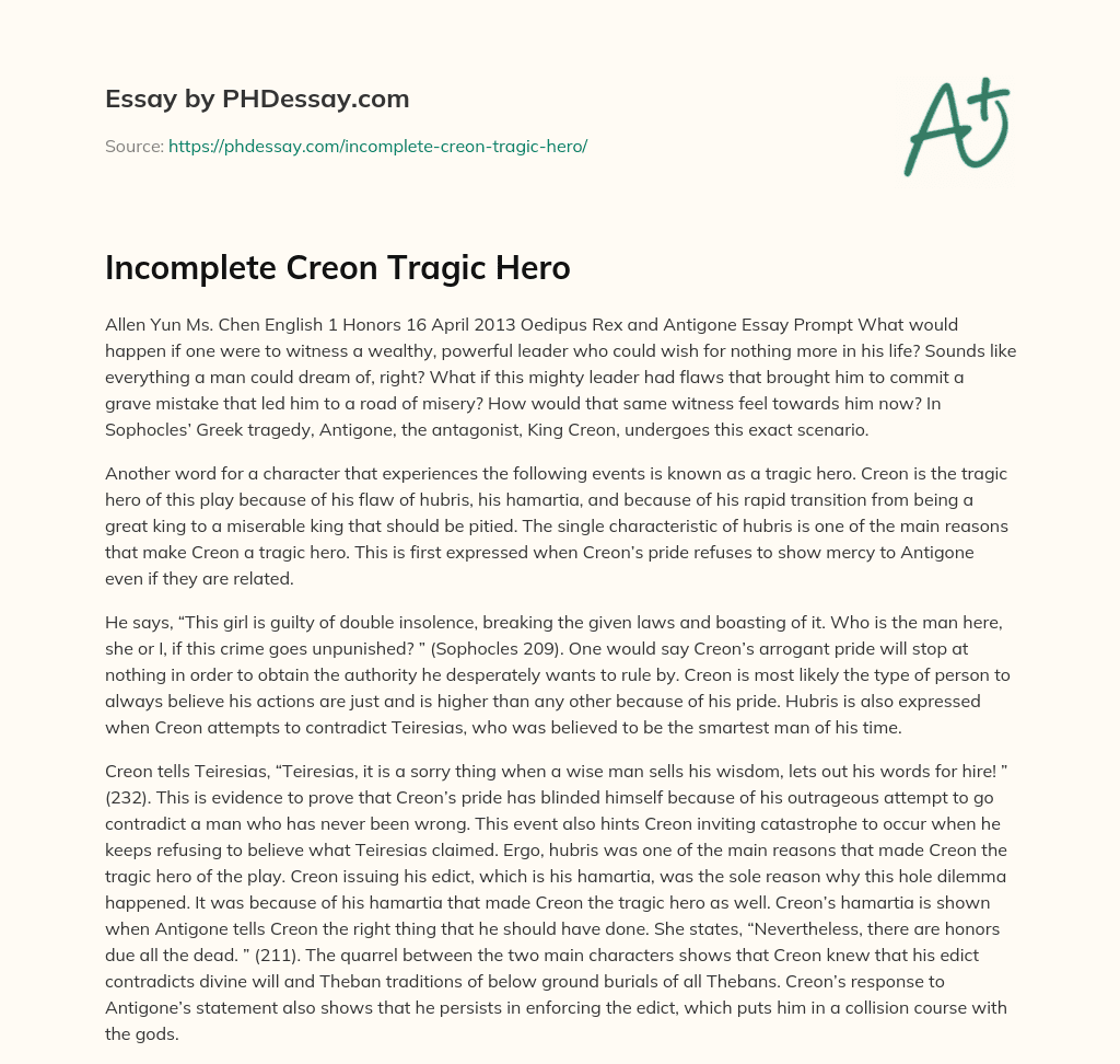 Incomplete Creon Tragic Hero essay