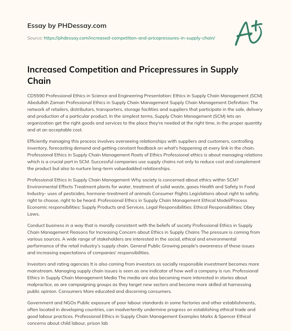Increased Competition and Pricepressures in Supply Chain essay