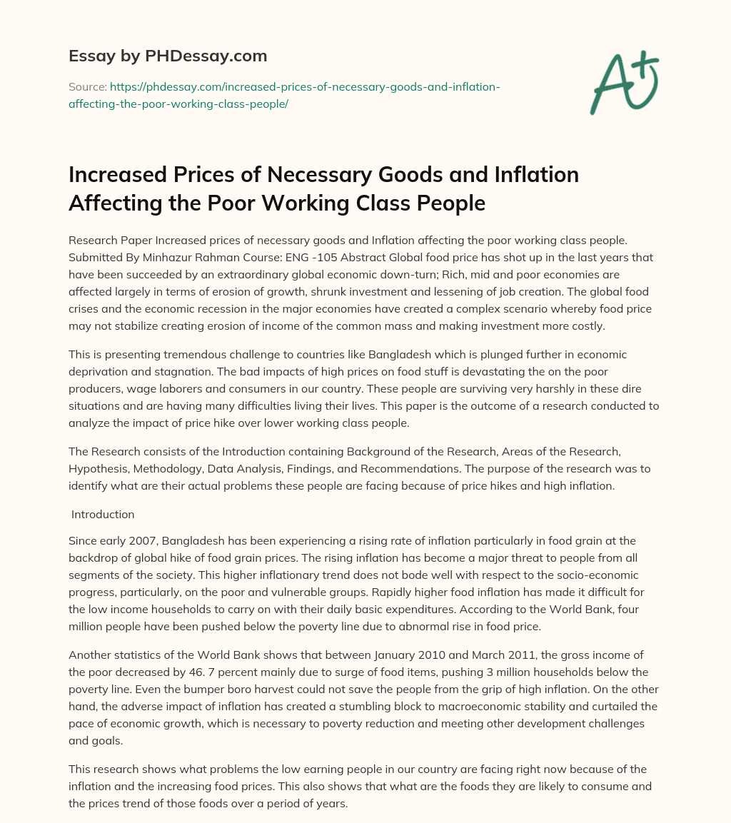 Increased Prices of Necessary Goods and Inflation Affecting the Poor Working Class People essay