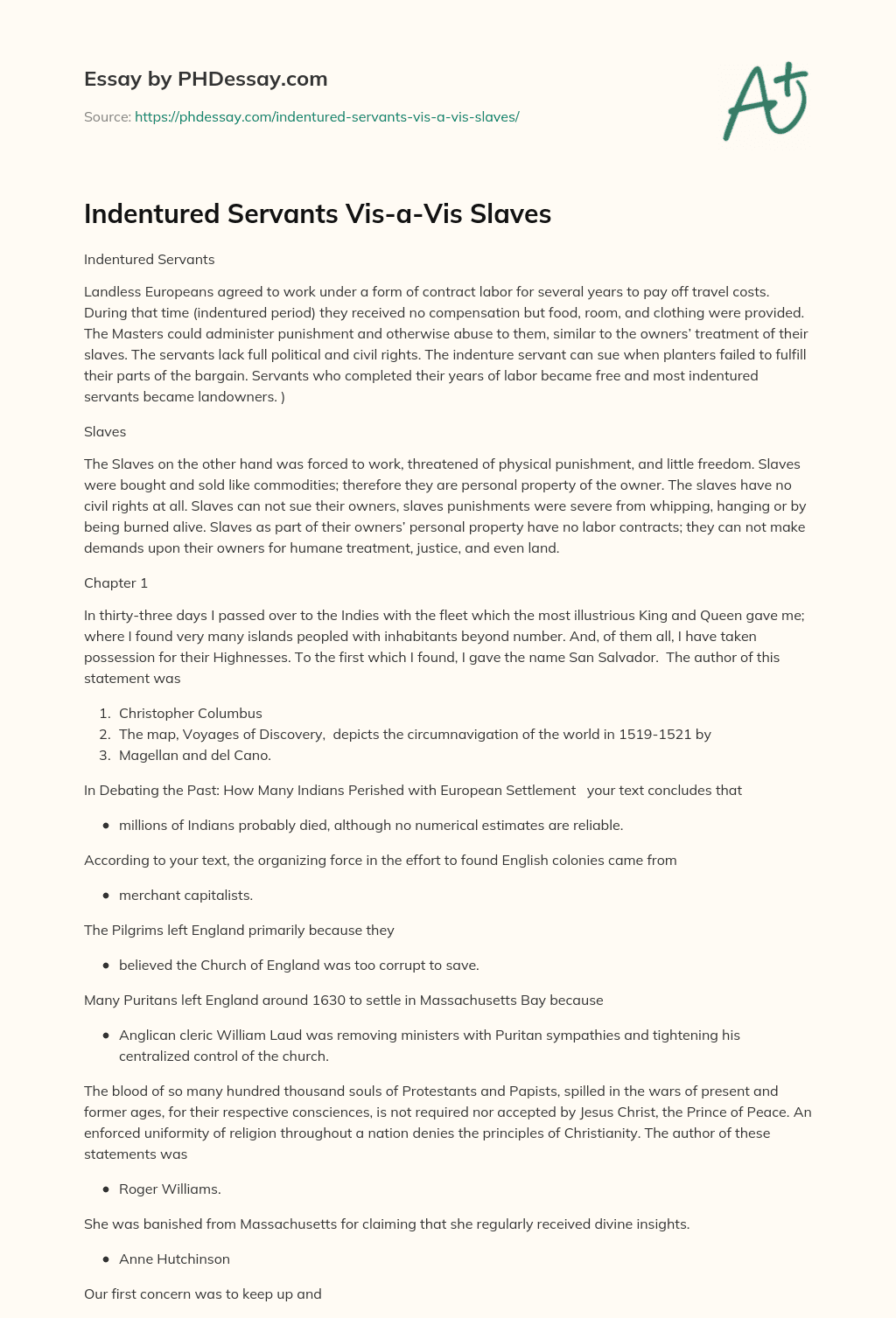 Indentured Servants Vis-a-Vis Slaves essay
