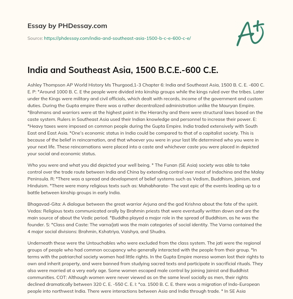 India and Southeast Asia, 1500 B.C.E.-600 C.E. essay