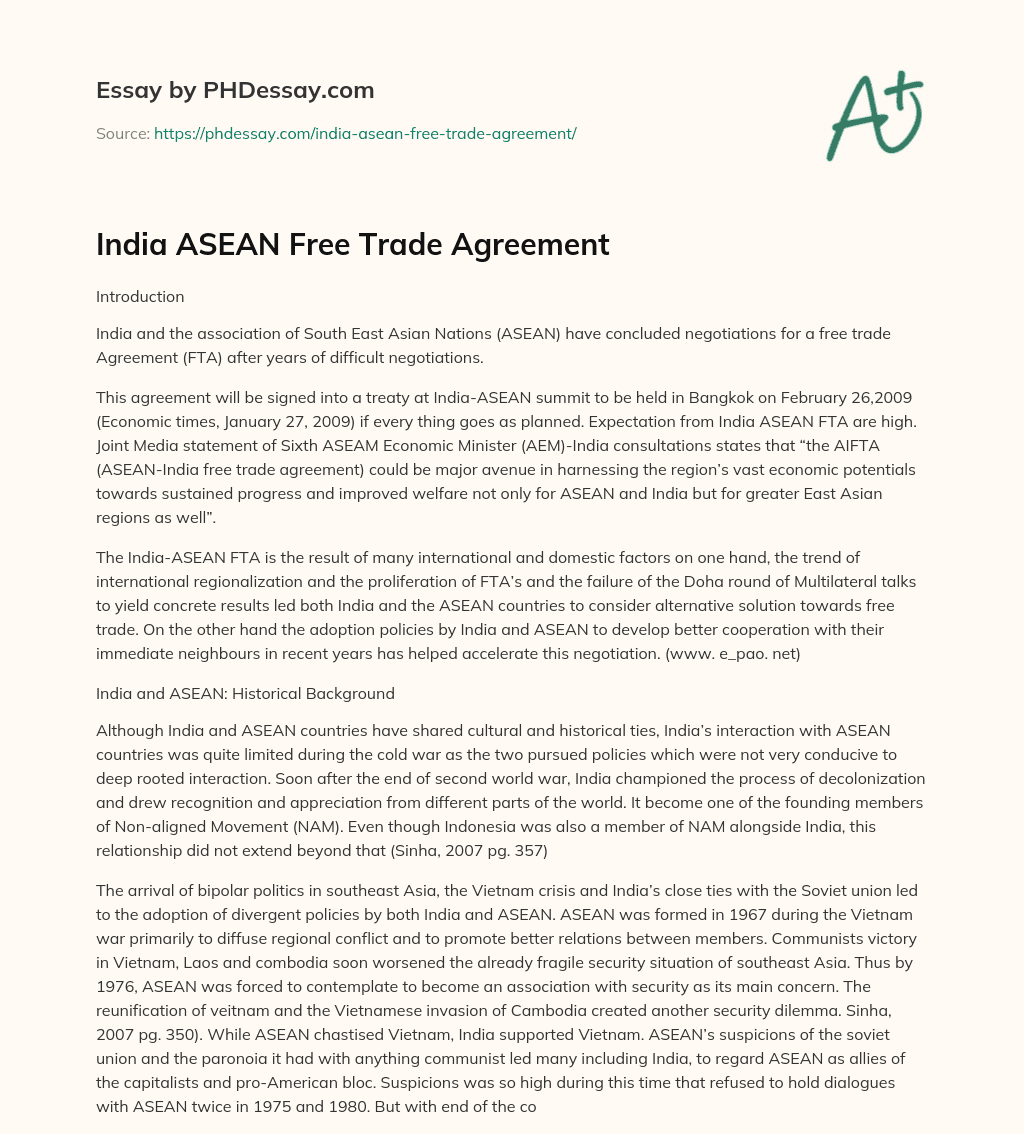 India ASEAN Free Trade Agreement essay
