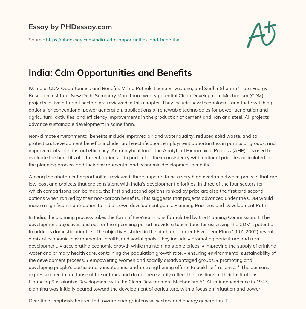 India: Cdm Opportunities and Benefits essay