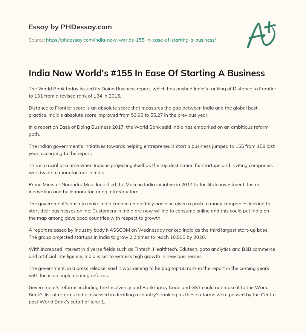India Now World’s #155 In Ease Of Starting A Business essay