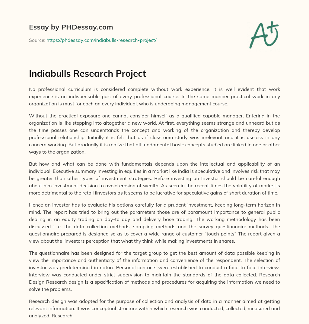 Indiabulls Research Project essay