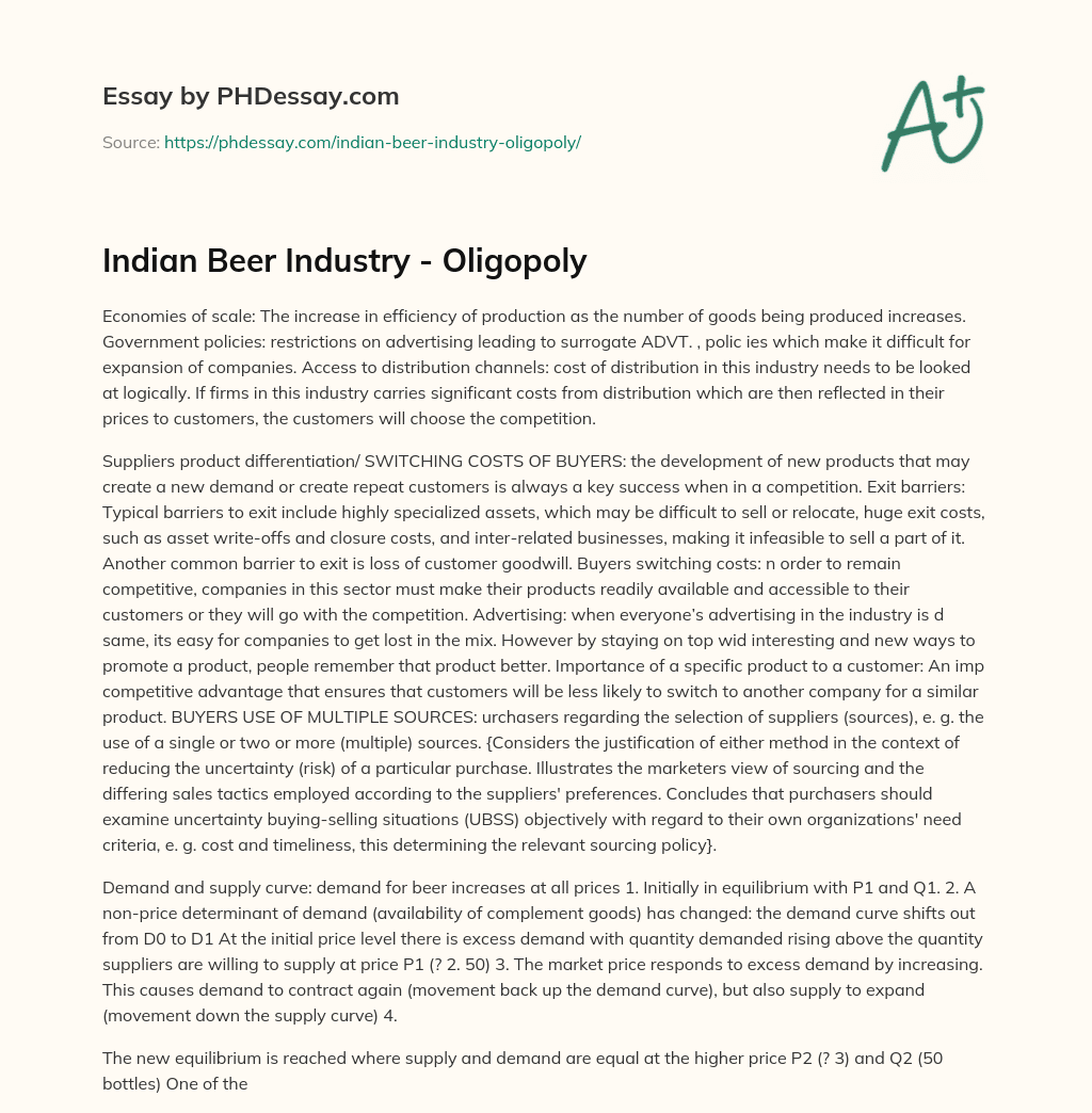 Indian Beer Industry – Oligopoly essay