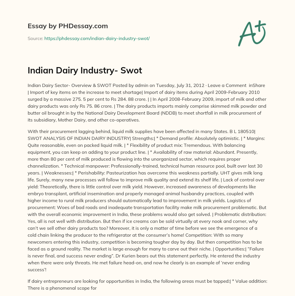 Indian Dairy Industry- Swot essay