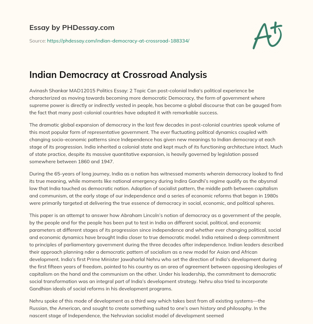 Indian Democracy at Crossroad Analysis essay