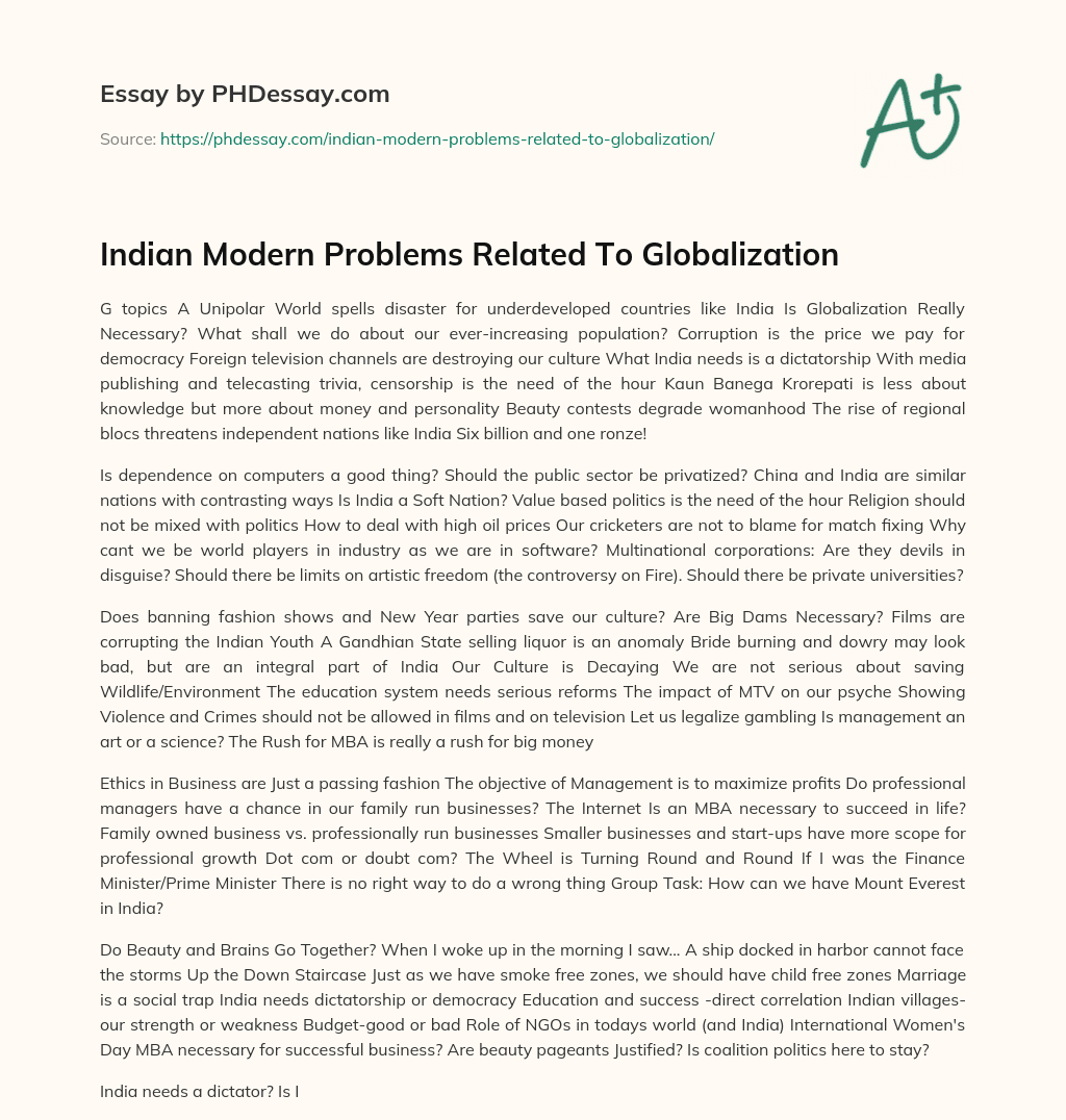 Indian Modern Problems Related To Globalization essay