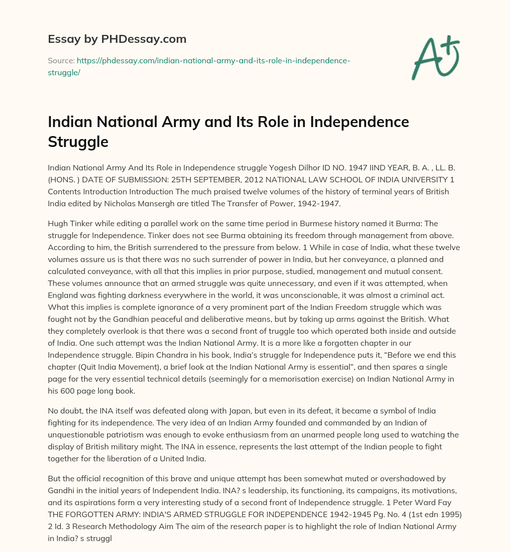 Indian National Army and Its Role in Independence Struggle essay