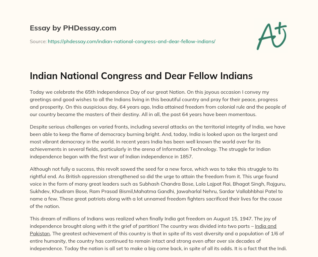 Indian National Congress and Dear Fellow Indians essay