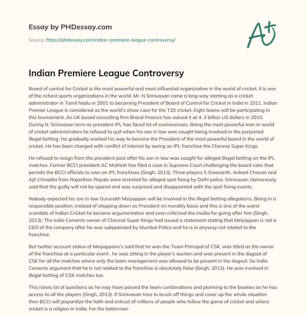 Indian Premiere League Controversy essay