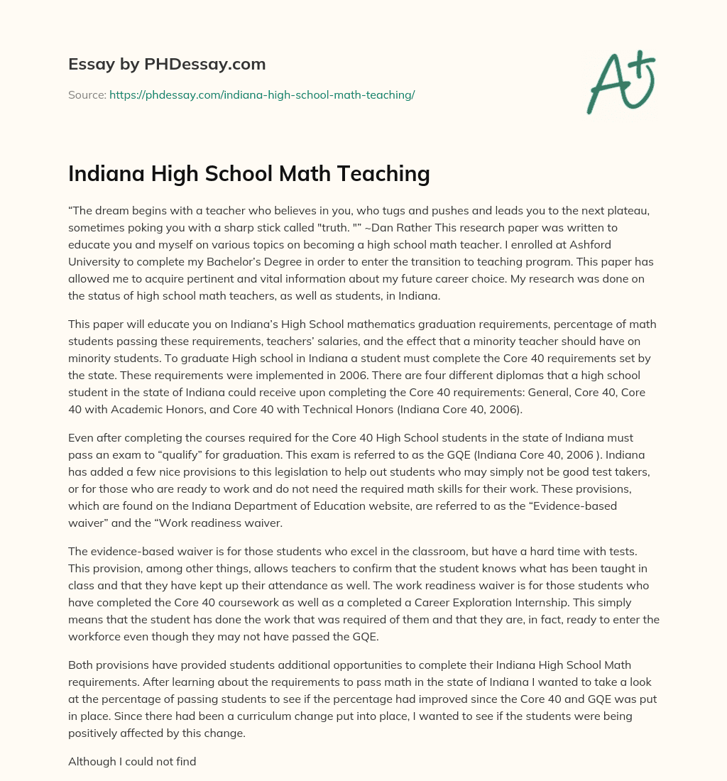 Indiana High School Math Teaching essay