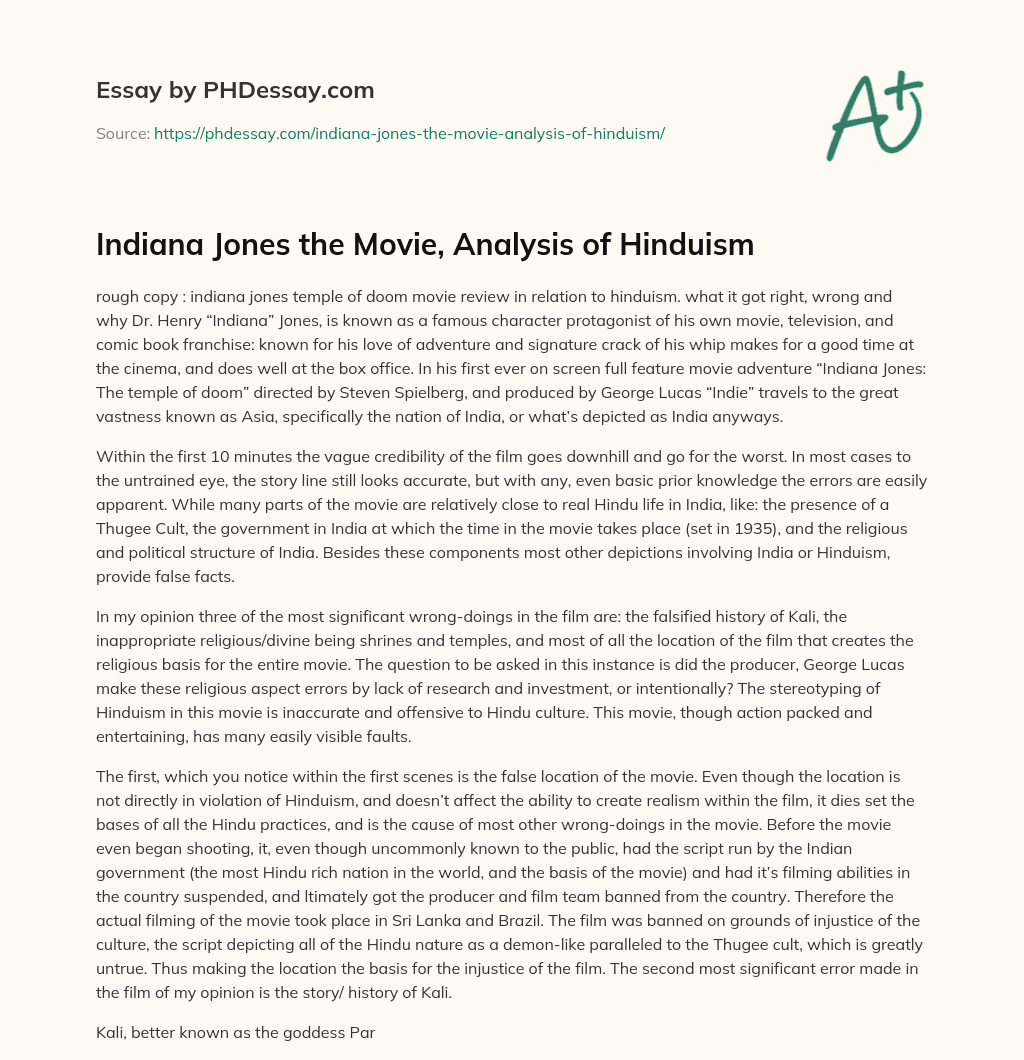 Indiana Jones the Movie, Analysis of Hinduism essay