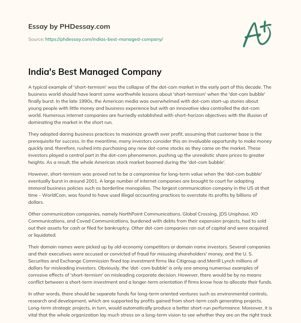 India’s Best Managed Company essay