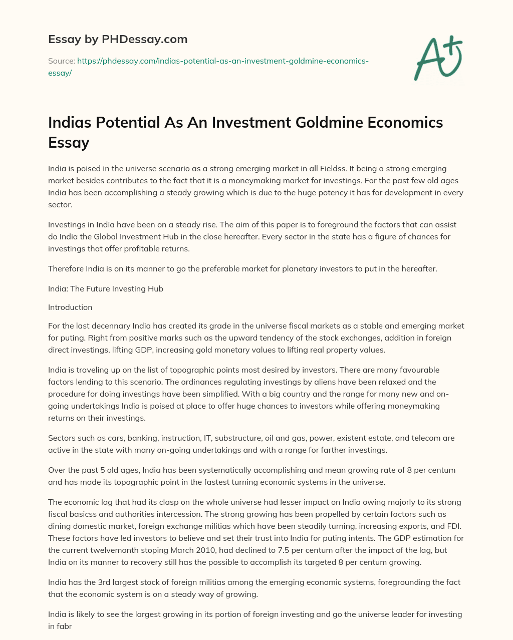Indias Potential As An Investment Goldmine Economics Essay essay