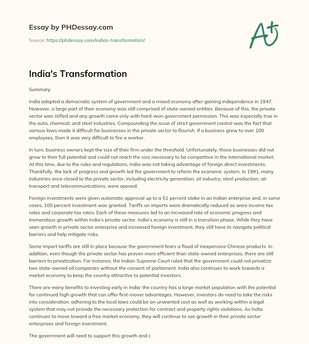 India’s Transformation essay
