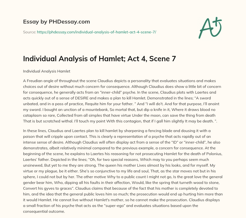 Individual Analysis of Hamlet; Act 4, Scene 7 essay