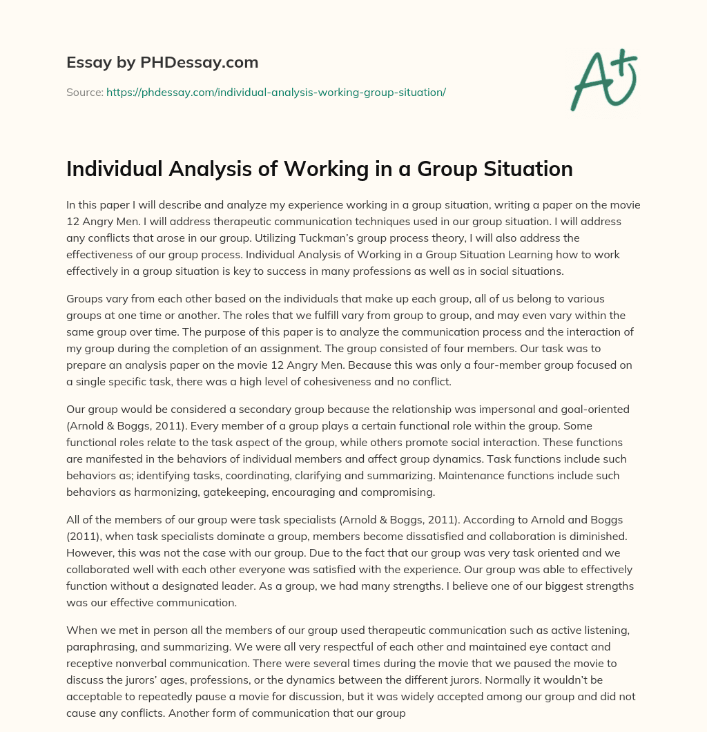 Individual Analysis of Working in a Group Situation essay