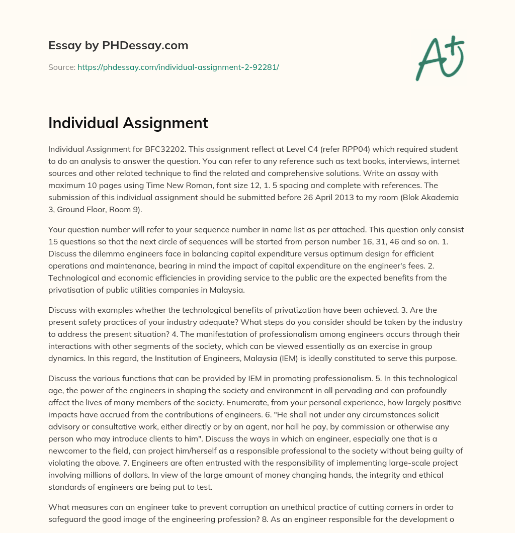 Analyzing Questions on Engineering Dilemmas and Privatization of Public Utilities in Malaysia essay