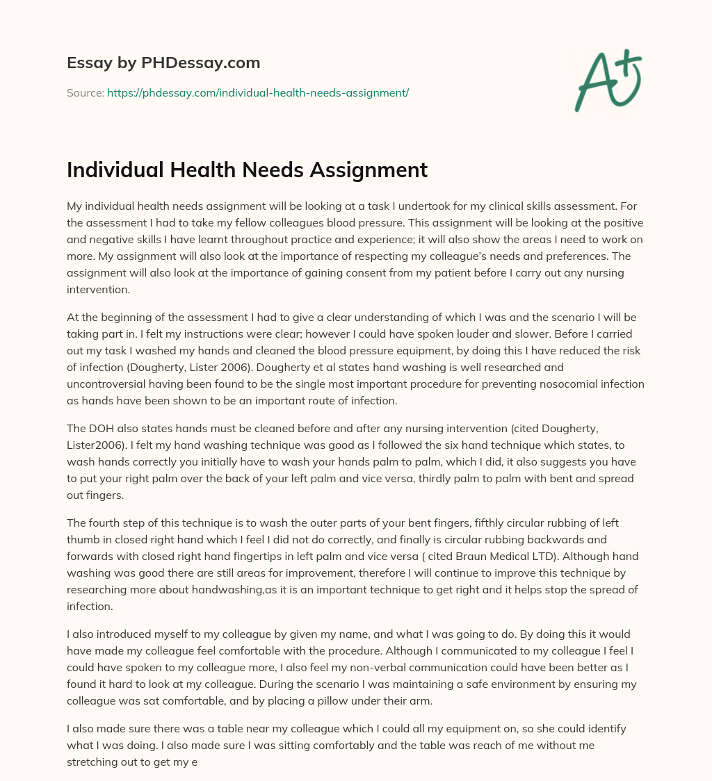 Individual Health Needs Assignment essay