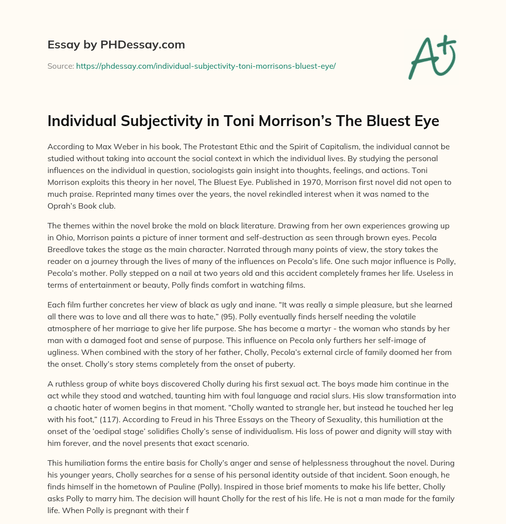 Individual Subjectivity in Toni Morrison’s The Bluest Eye essay