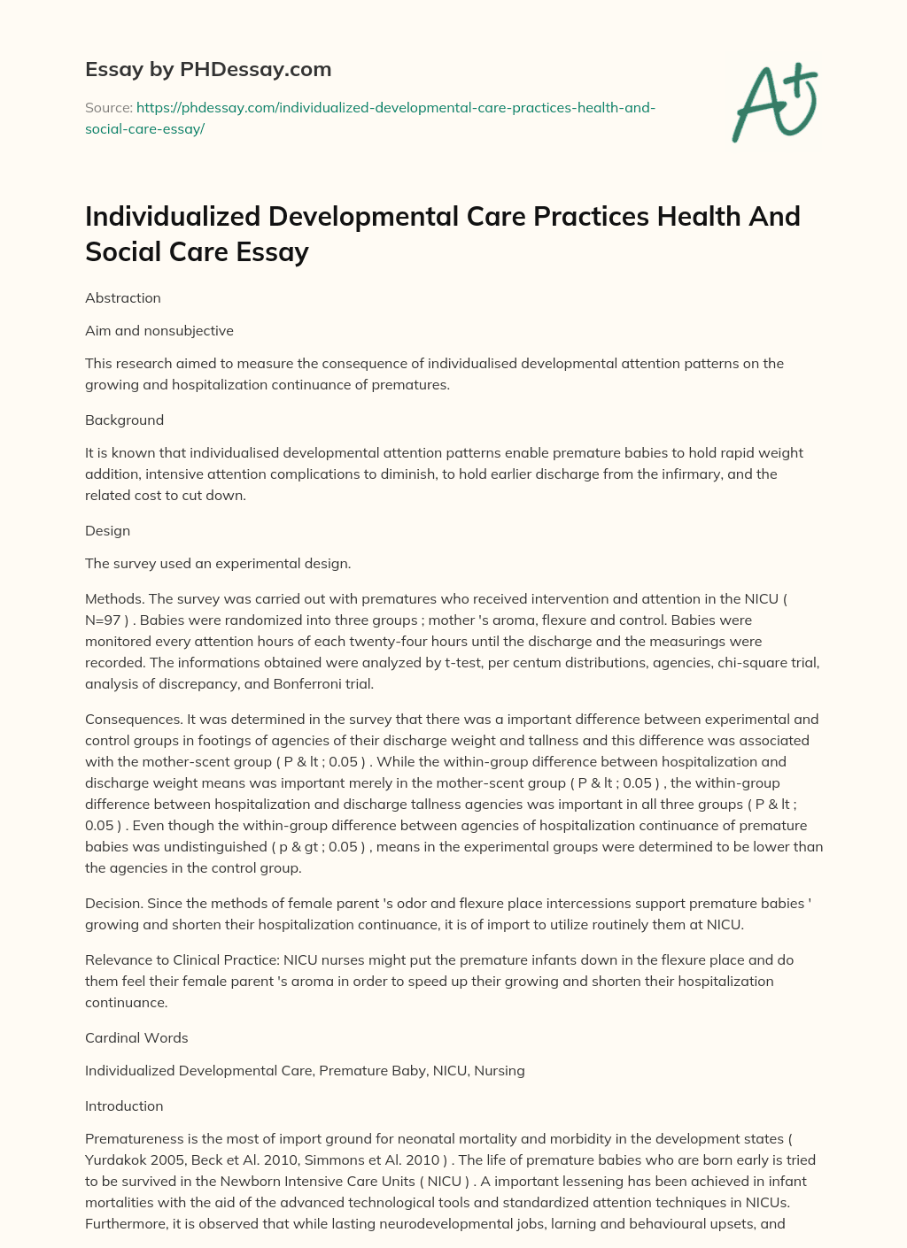 Individualized Developmental Care Practices Health And Social Care Essay essay