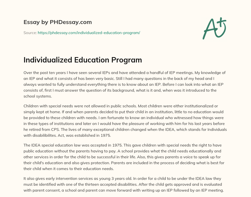 Individualized Education Program (300 Words) - PHDessay.com