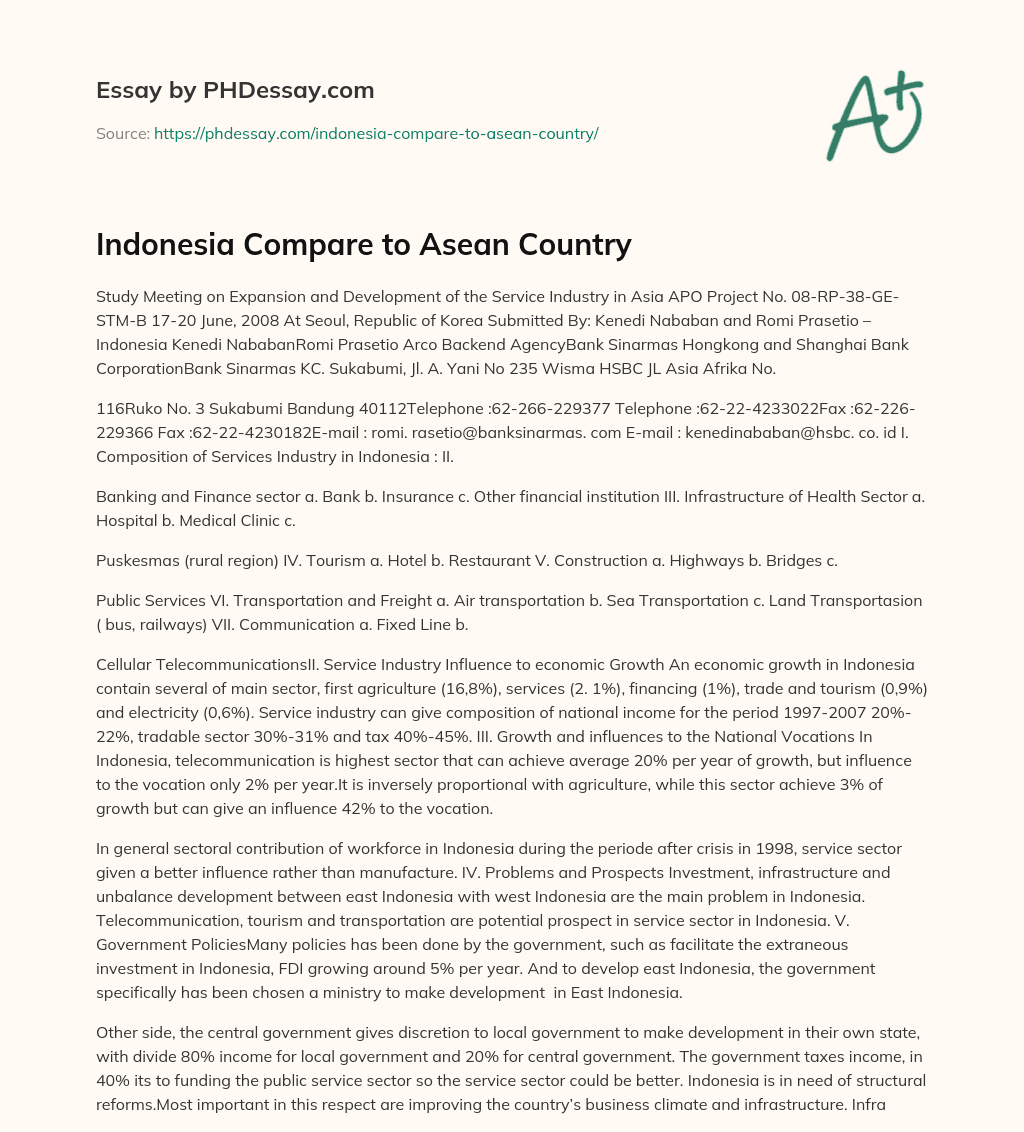 Indonesia Compare to Asean Country essay