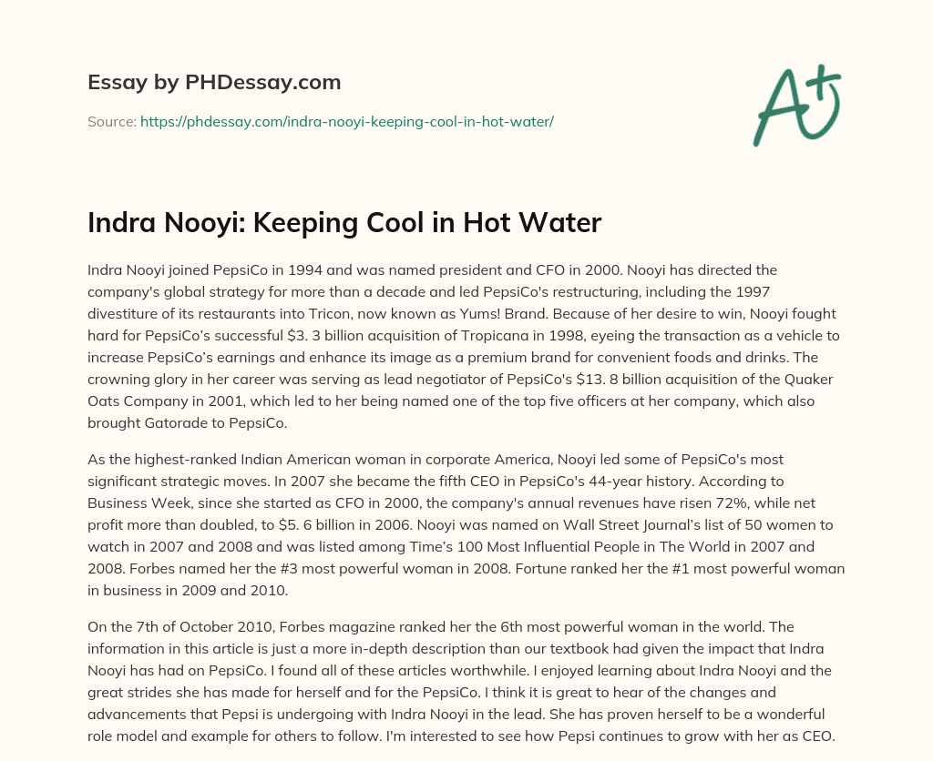 Indra Nooyi: Keeping Cool in Hot Water essay